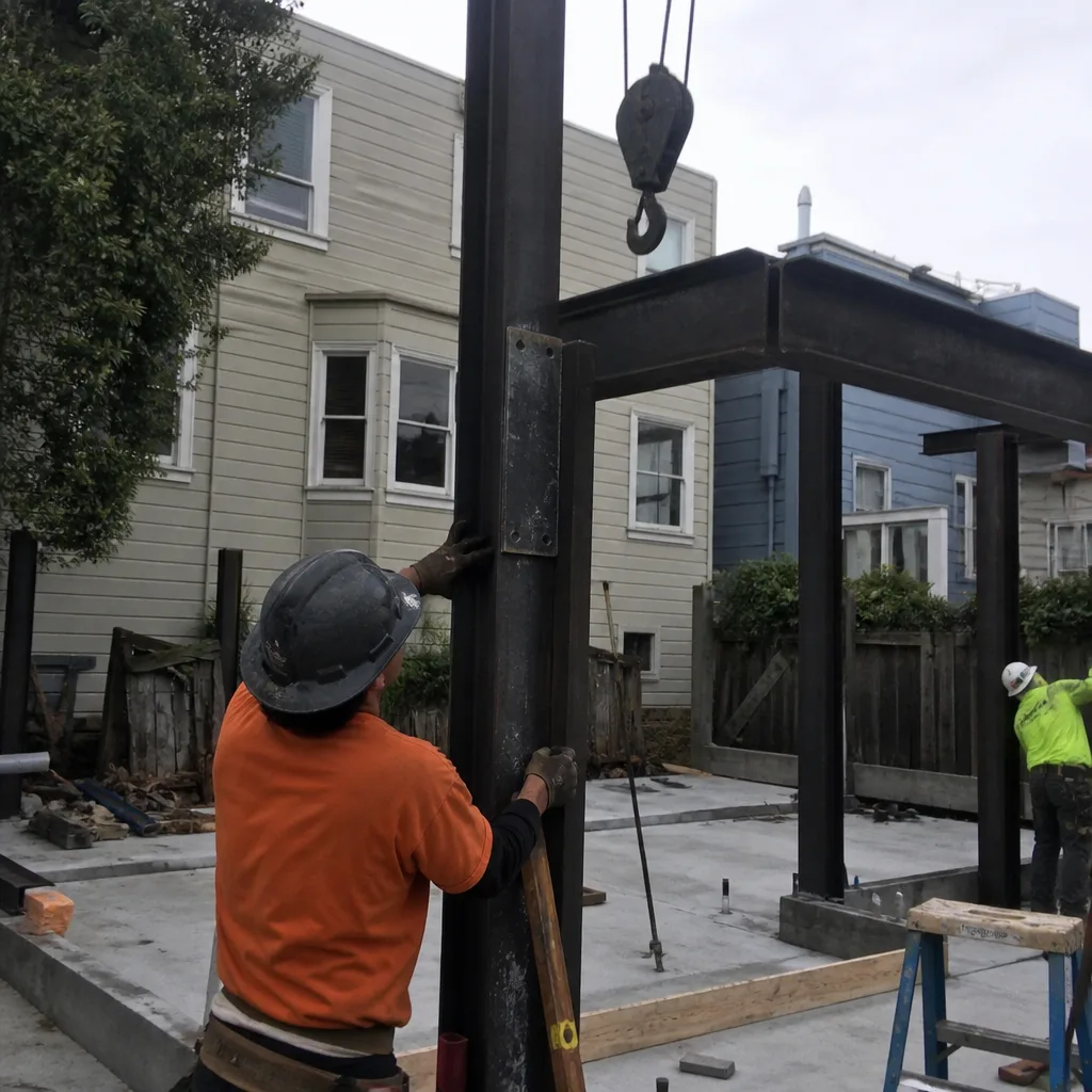 Construction worker installing steel beams for an accessory dwelling unit.