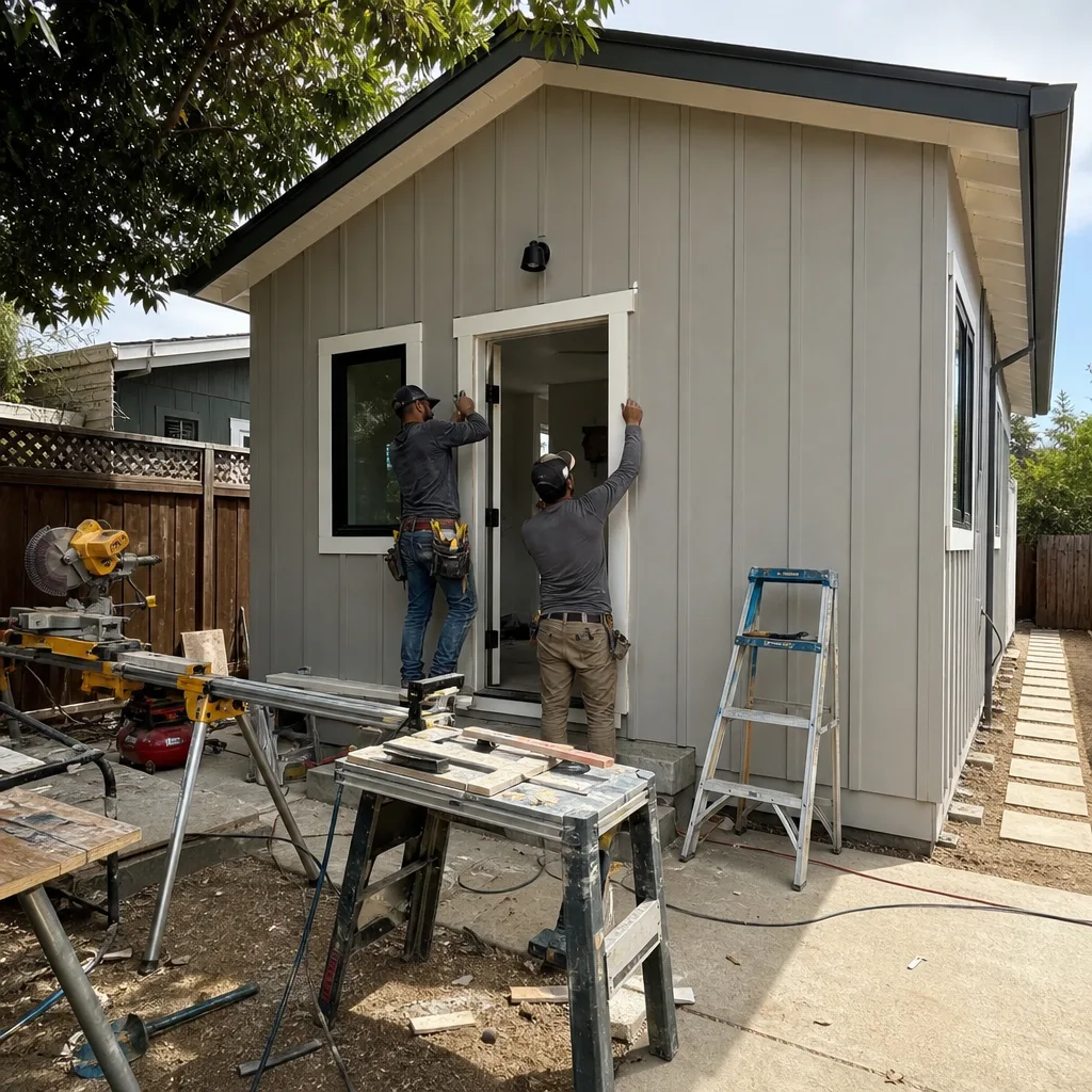 Two contractors installing door trim on a modern backyard ADU unit