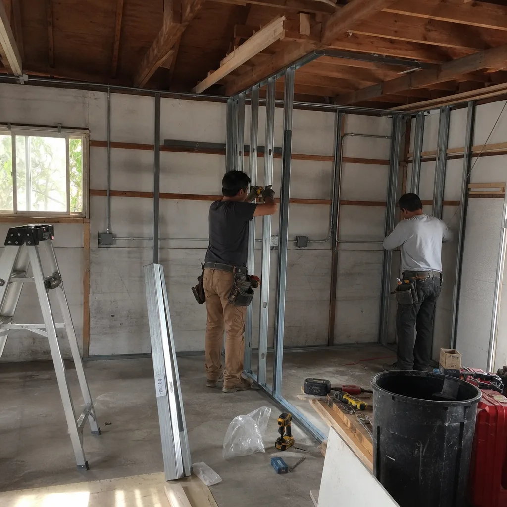 Contractors installing metal framing studs for a professional garage conversion project