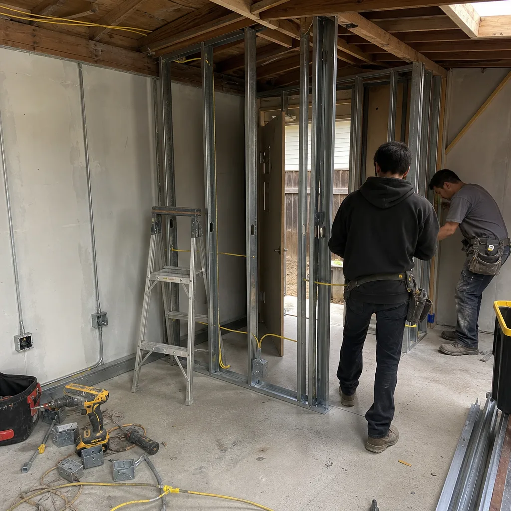 Contractors installing steel wall framing during a professional garage conversion project