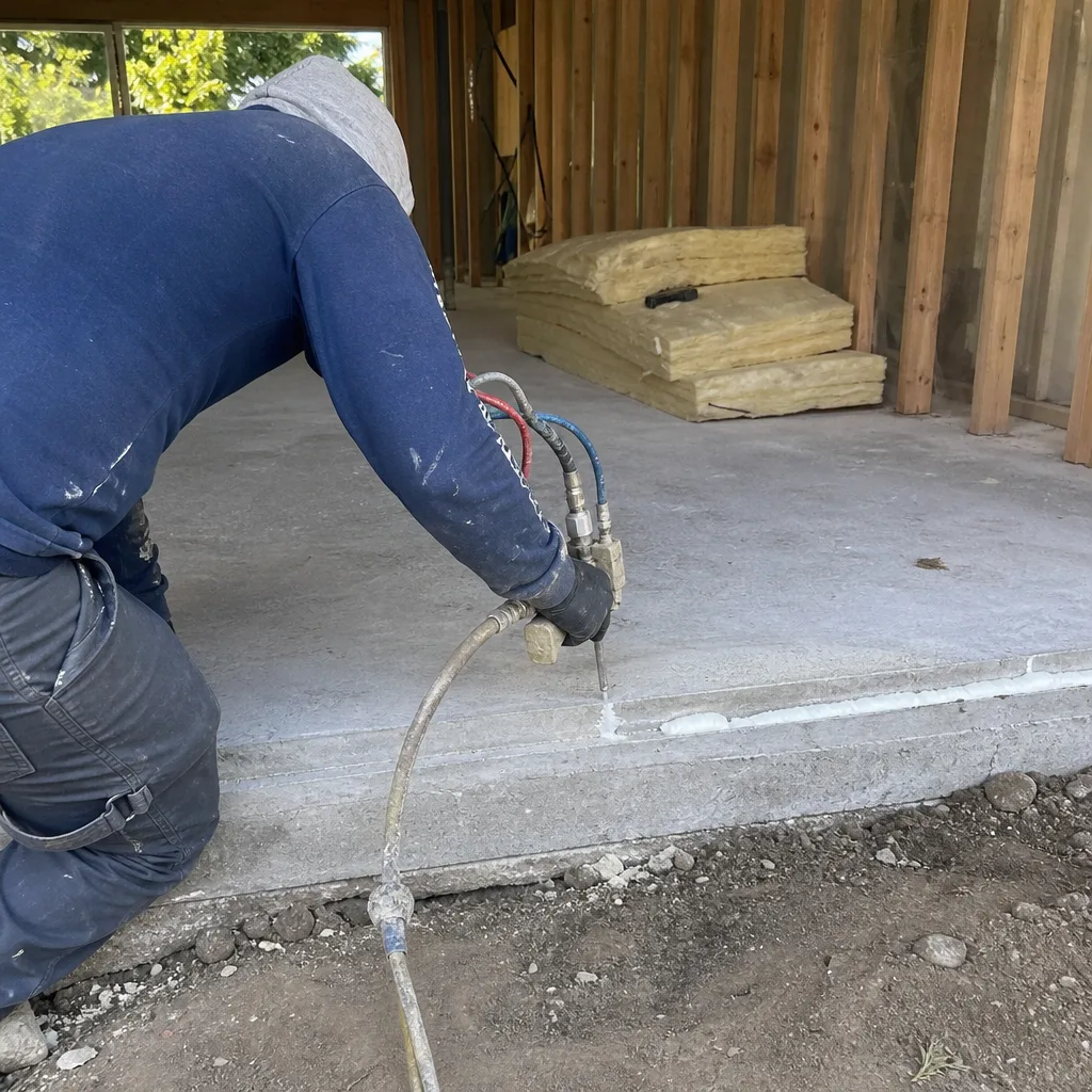 Contractor sealing a concrete floor joint during a garage conversion project