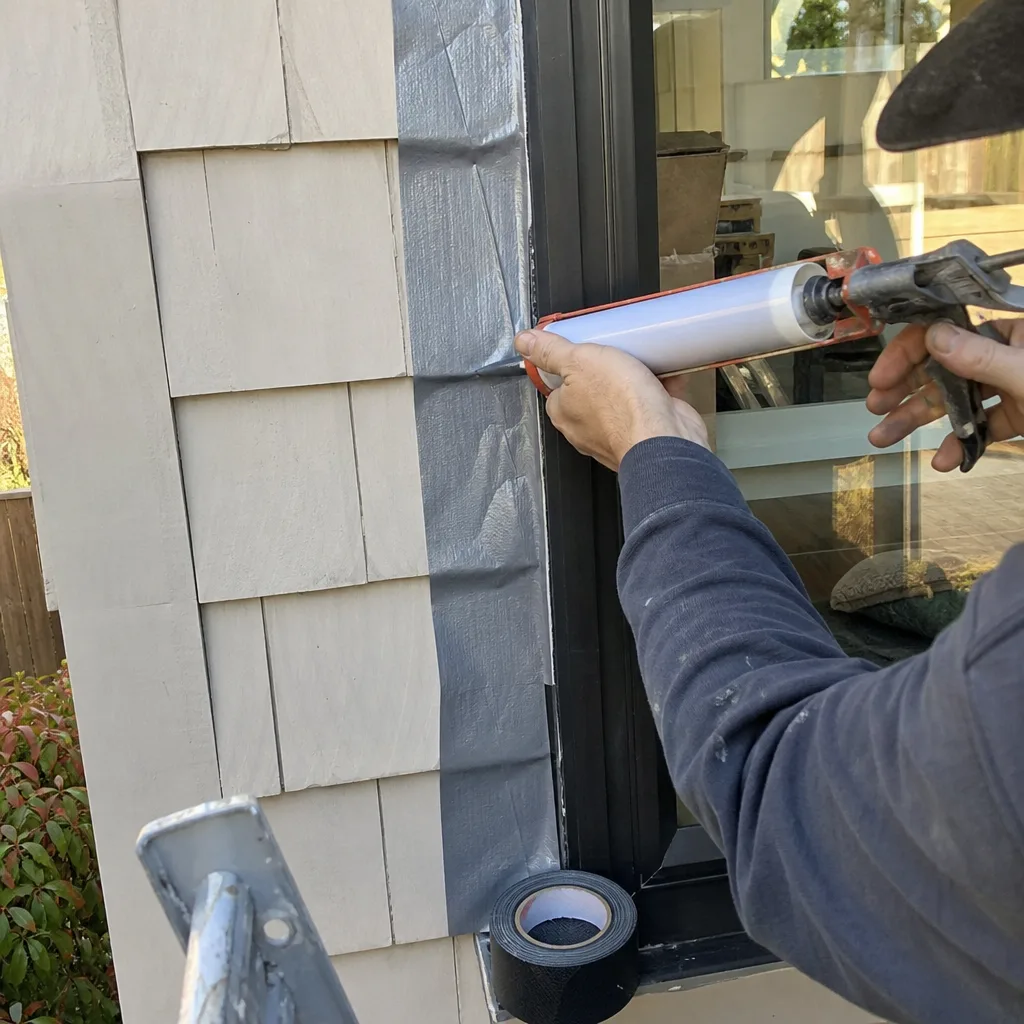 Contractor applying professional window sealant to an exterior home addition